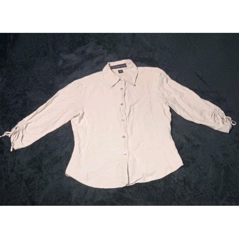 VTG Josephine Chaus Silk Linen Blend 3/4 Sleeve Button Up Blouse 6 Beige Y2K 90s